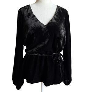 J.CREW | Black Velvet Faux Wrap Tie Waist V Neck Top Blouson Sleeves | Size 8